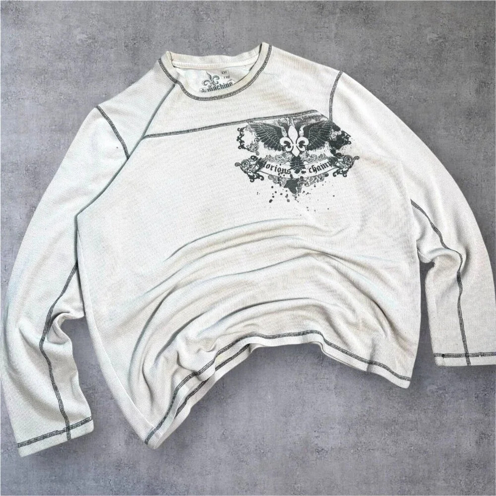 Affliction White Crewneck Thermal with Black Graphic Stitching